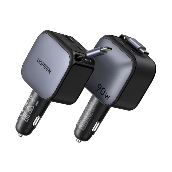 UGREEN EC603 90W Car Charger Kfz Ladegerät 90W 2x USB-C®, 1x USB-A Grau KFZ, LKW aufwickelbares USB-C®-Kabel